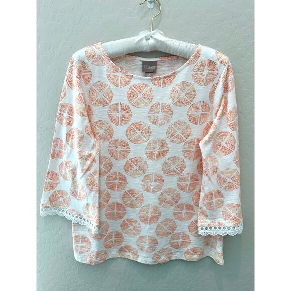 Chico's Tops - CHICO’S Orange Geometric Print Top 3/4 Sleeve Eyelet Trim Tee | Size 1 Medium
